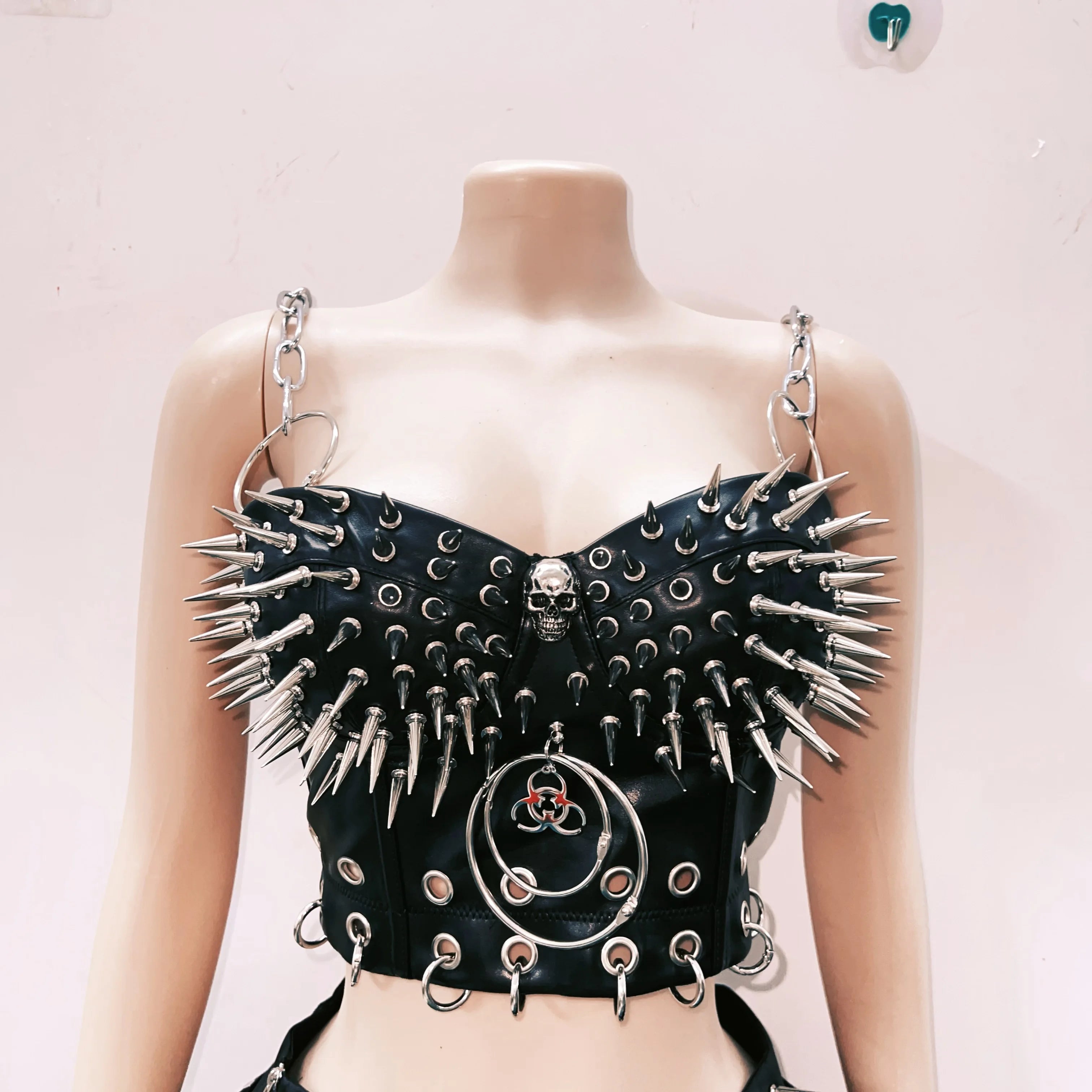 Spiked Corset with Chain Detail and Faux Fur Trim Skirt Set