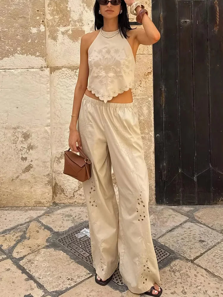 Backless Embroidery Strapless Sleeveless Poplin Top + Elastic Waist Pants