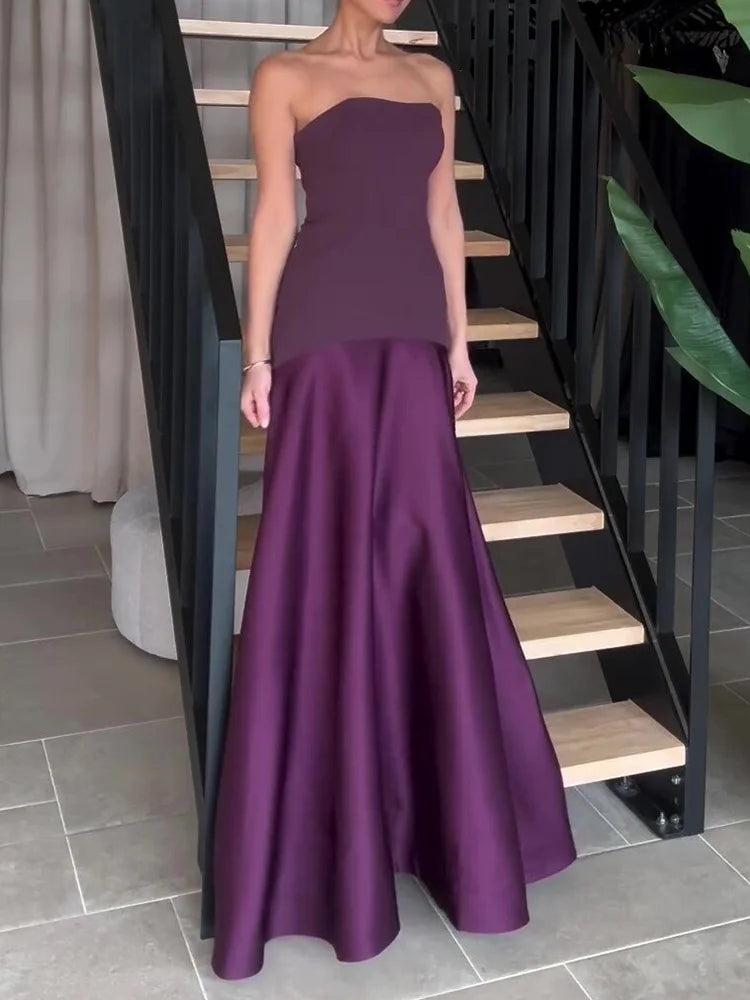 Strapless Drop-Waist Satin Maxi Gown