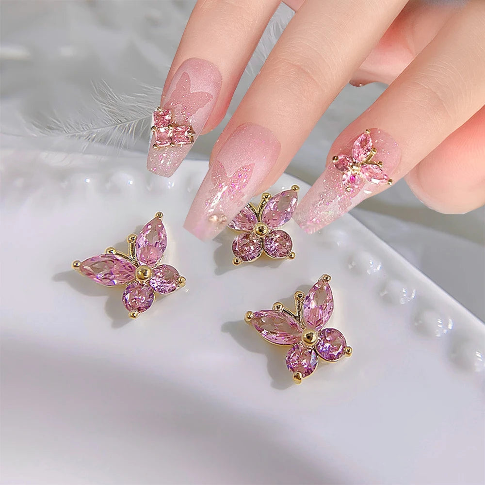 10Pcs Fairy Pink Zircon Nail Art 3D Charms Jewelry Butterfly Shaped Nail Crystal Alloy Decals 11*9mm Rhinestone Nail Decoration*
