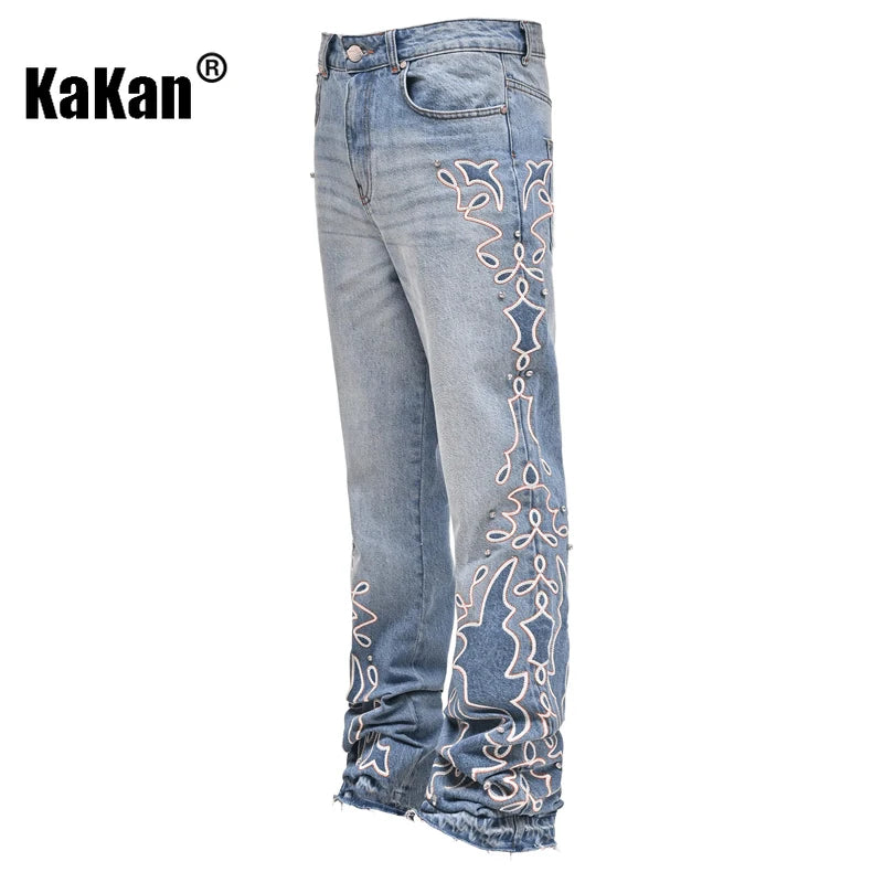 Kakan - メンズブルーストライプグラデーションワイドレッグジーンズ、Y2Kファッション刺繍入りダイヤモンドセットロングジーンズ、Jeans Manブランド