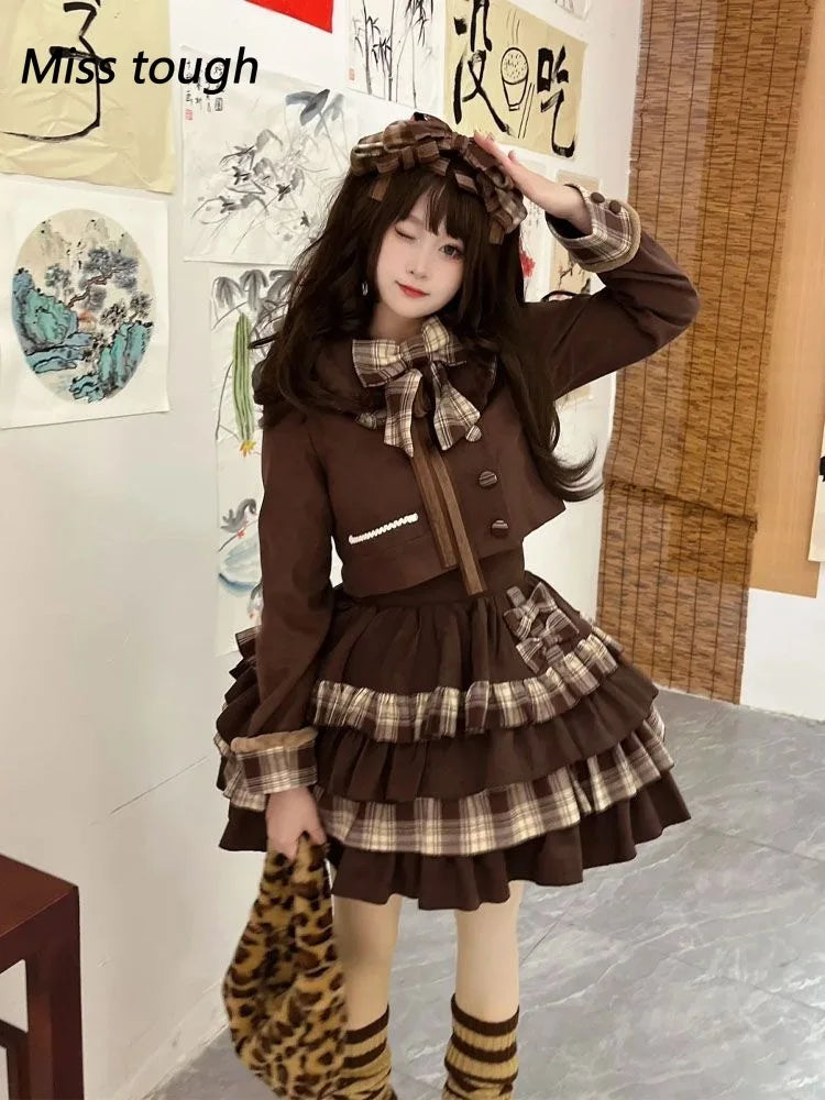 Brown Checkered Bow Coat + Cake Mini Skirt Set