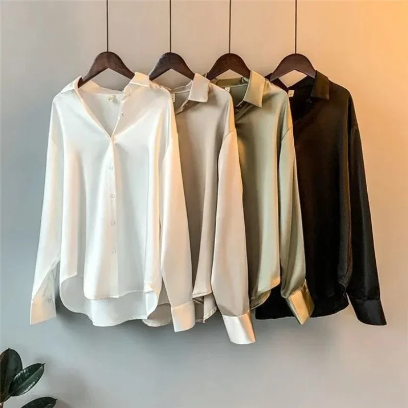 Fall Turn-down Collar Satin Loose Shirt