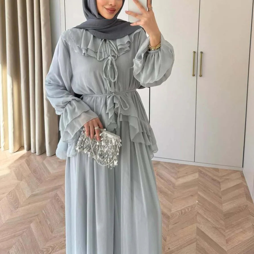 Women Top Wide Leg Pants 2 Piece Set Ramadan Eid Muslim Blouse Trousers Arabic Outfits Morocco Lace Up Dubai Islam Ensemble