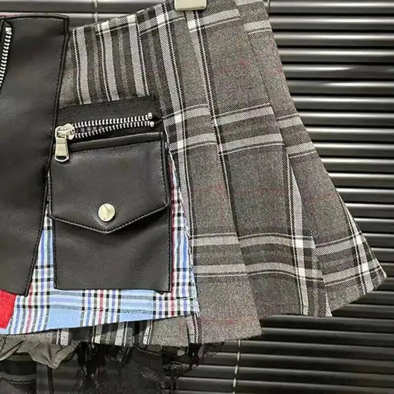 DEAT Patchwork Plaid Irregular Pleated Mini Skirt