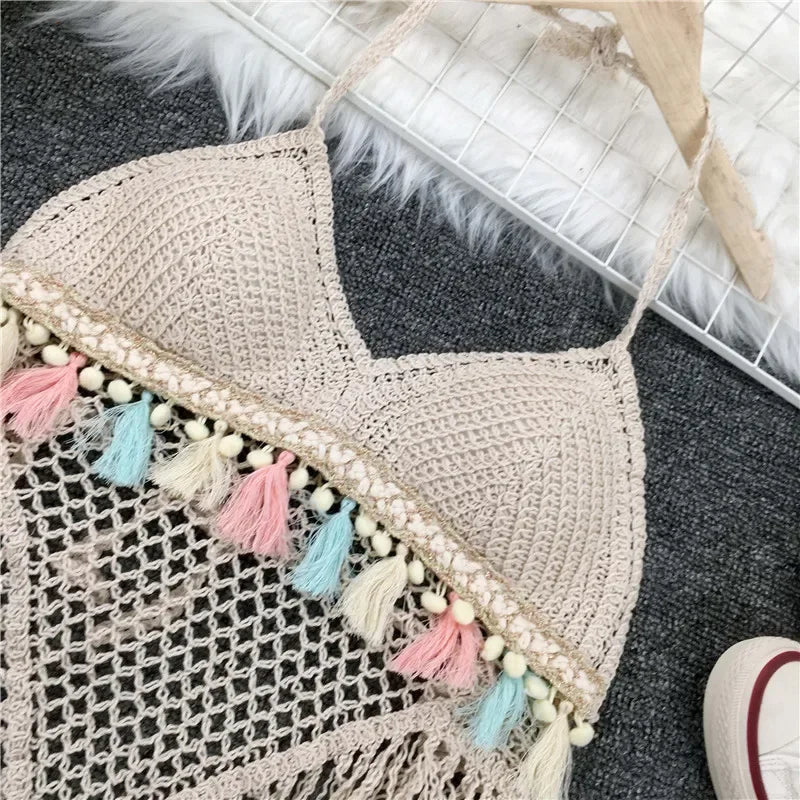 Boho Crochet Fringe Halter Crop Top