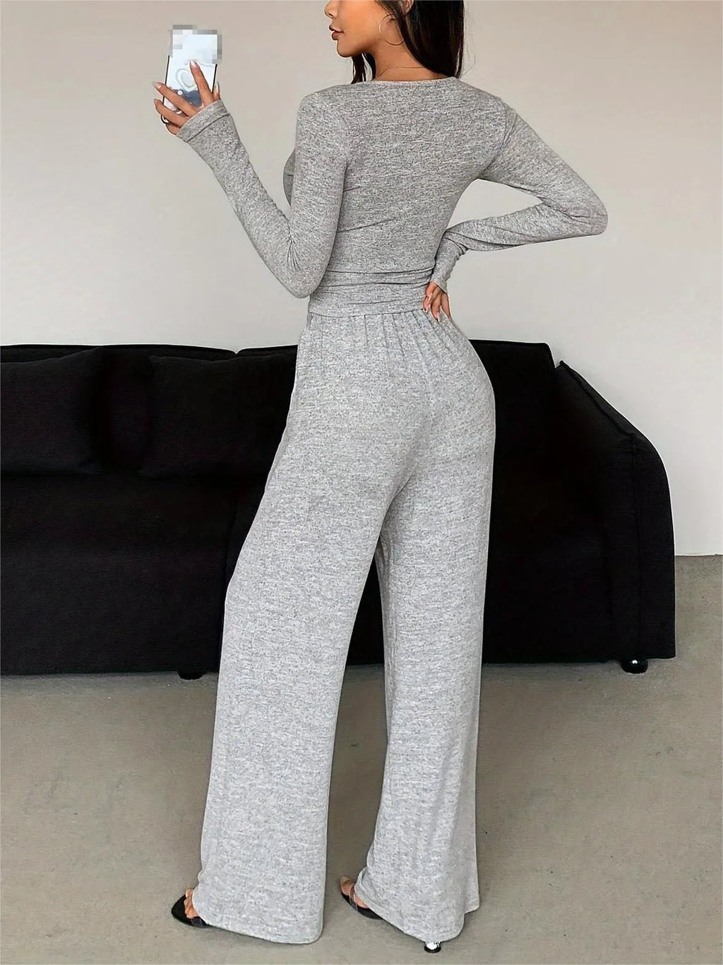 Button Solid Color Long-sleeved Top Drawstring Pocket Wide-leg Pants Women Casual Set