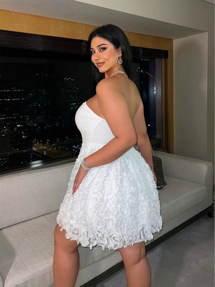 Strapless Sweetheart Mini Dress with 3D Floral Rosette Skirt