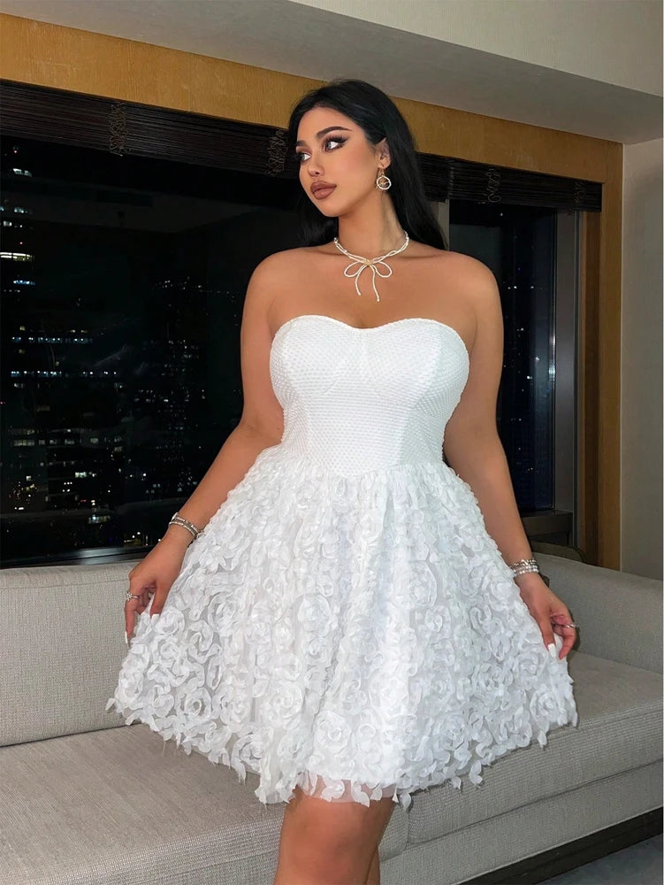 Strapless Sweetheart Mini Dress with 3D Floral Rosette Skirt
