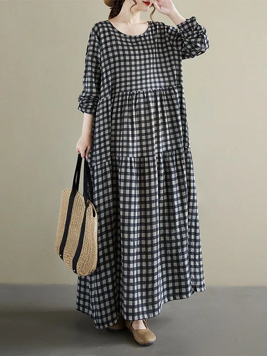 Round Neck Long Sleeve Gingham Pleated Dress