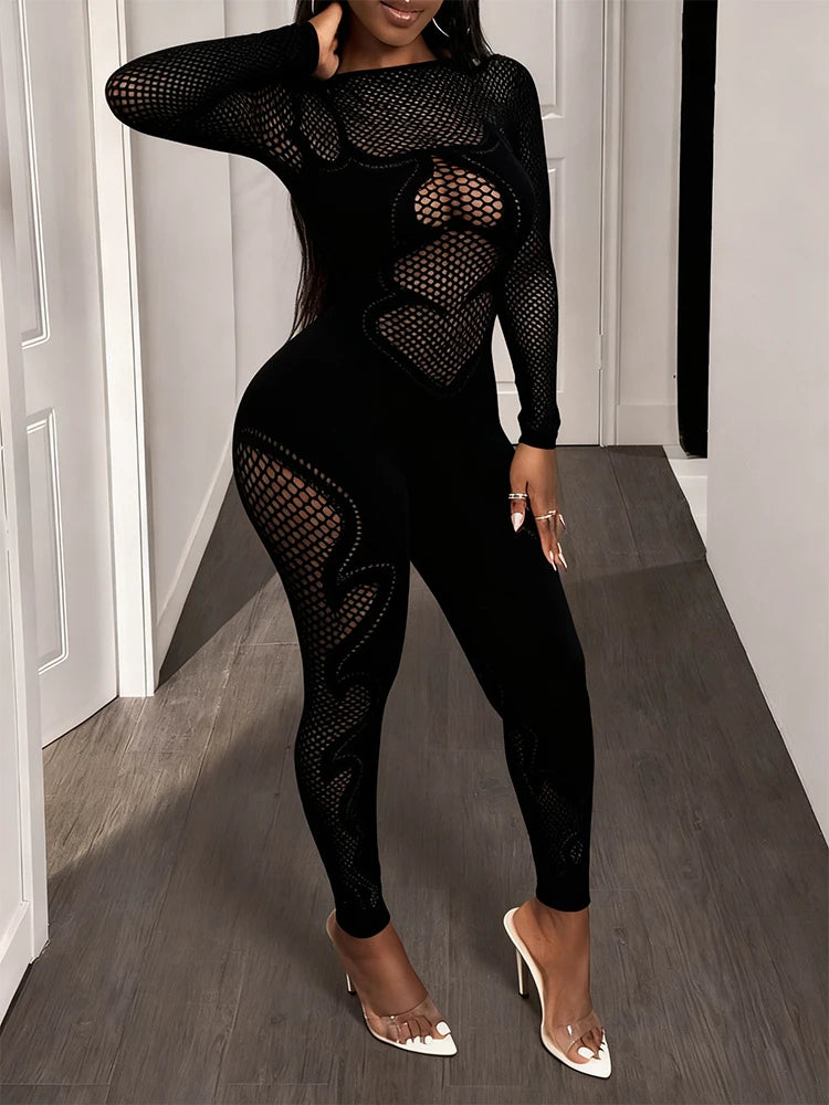 FHSEER Sheer Mesh Long Sleeve Hollow Out Bodycon Jumpsuit