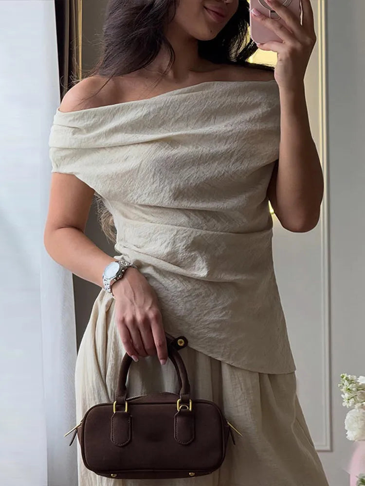Off-Shoulder Draped Top & Tapered Pant Set