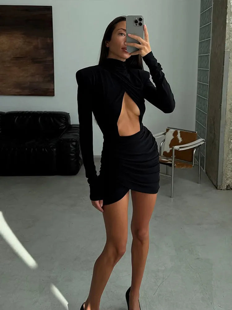 Solid Hollow-Out High Collar Mini Dress