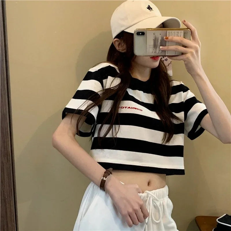 Black White Striped Cropped Top
