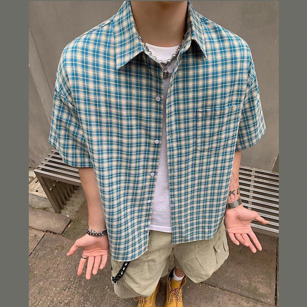 Plaid Lapel Short Sleeved Shirt