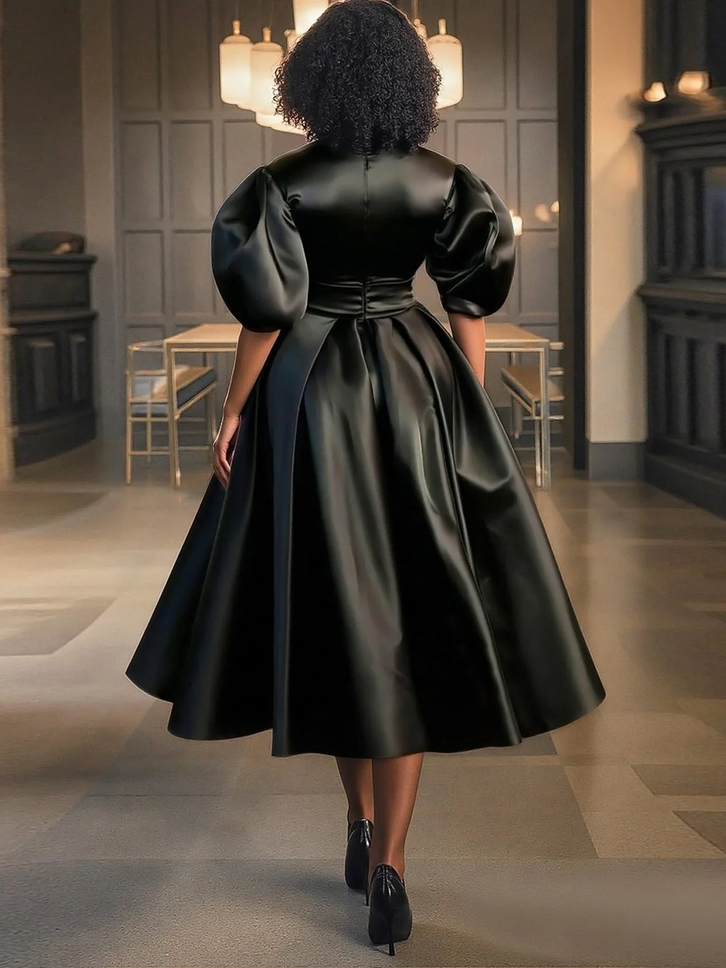 Satin Elegant Puff Sleeve Dress