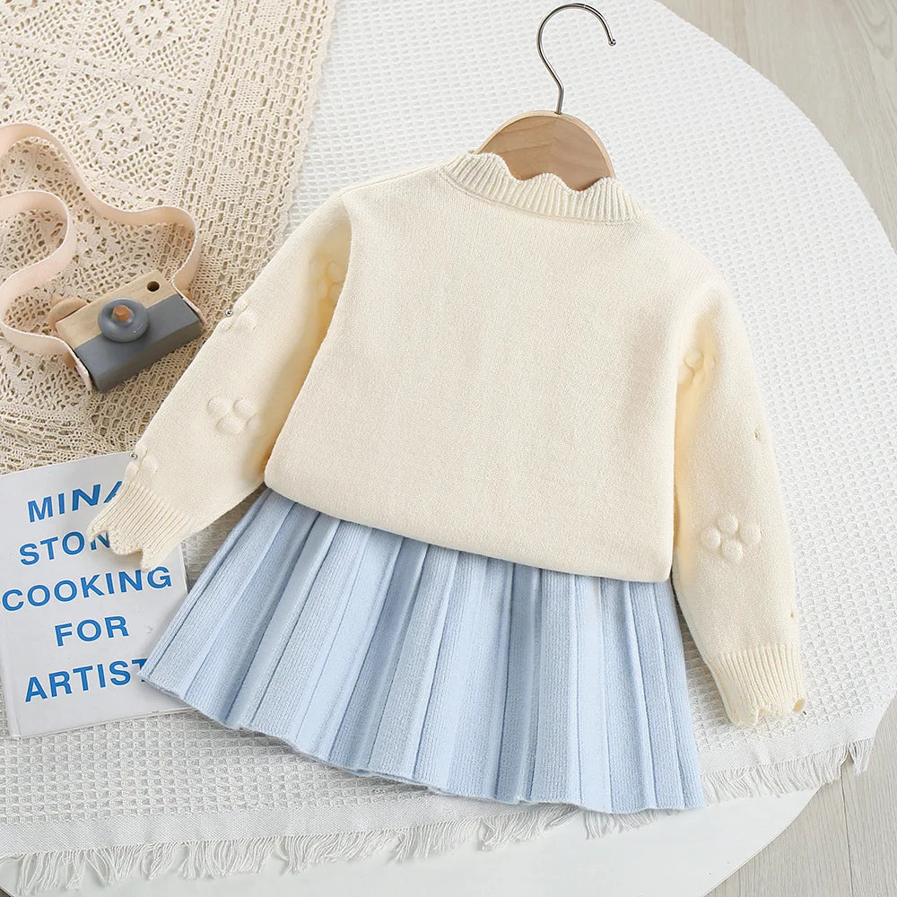 Flower Bow Knitted Cardigan + Short Skirt Set