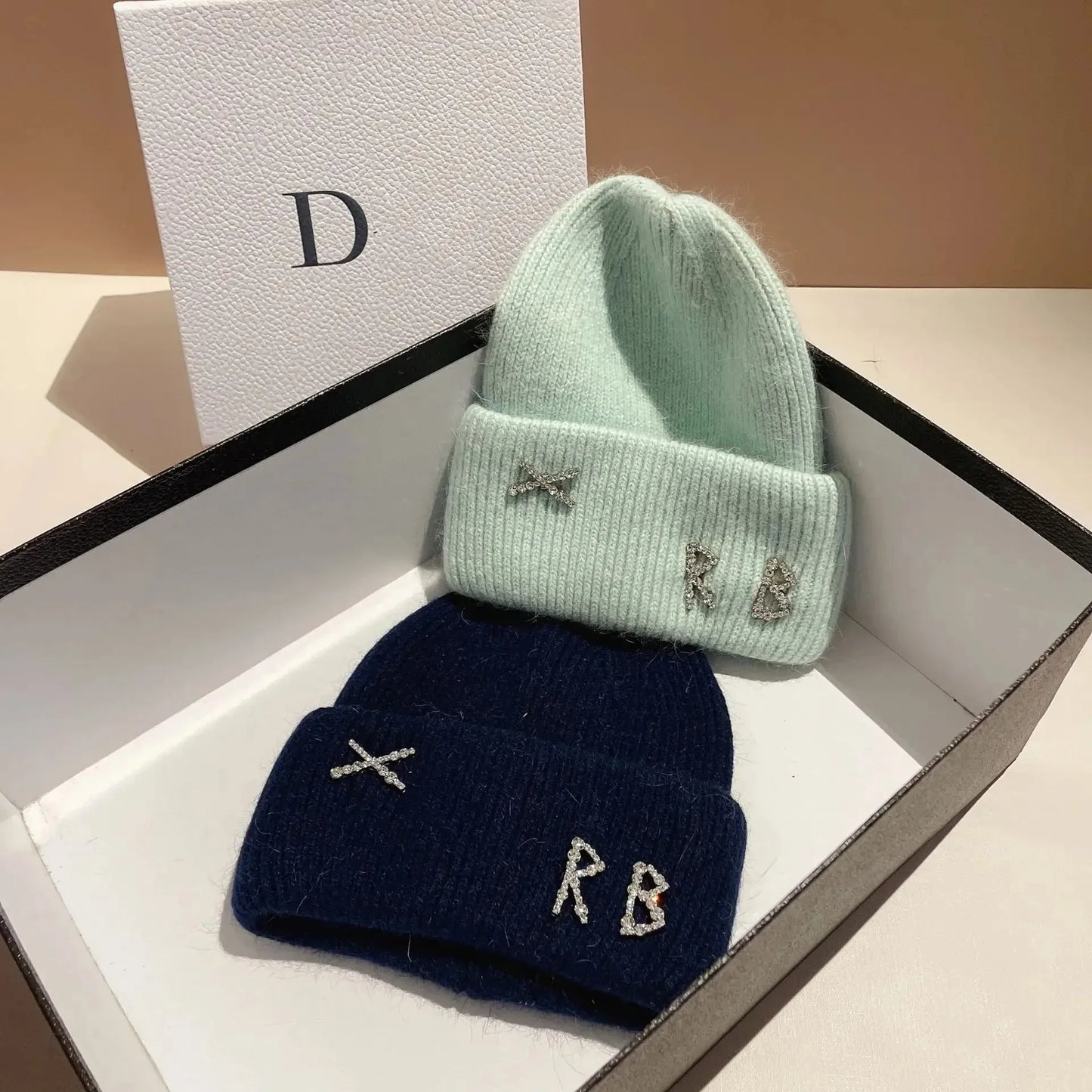 Real Rabbit Fur Diamonds Letter Beanie