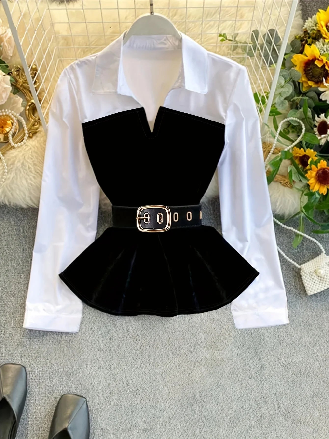 Two Tone Peplum Belted Shirt