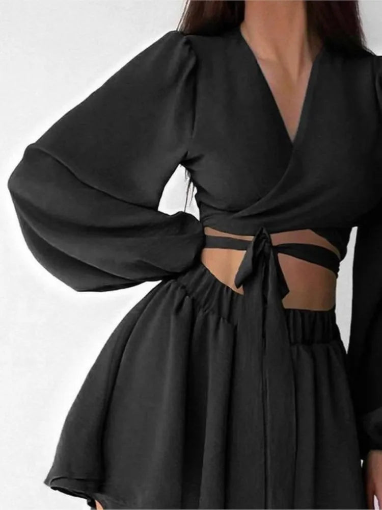 V-neck Waistband Cardigan Top + Casual Comfortable All-match Solid Color Short Set