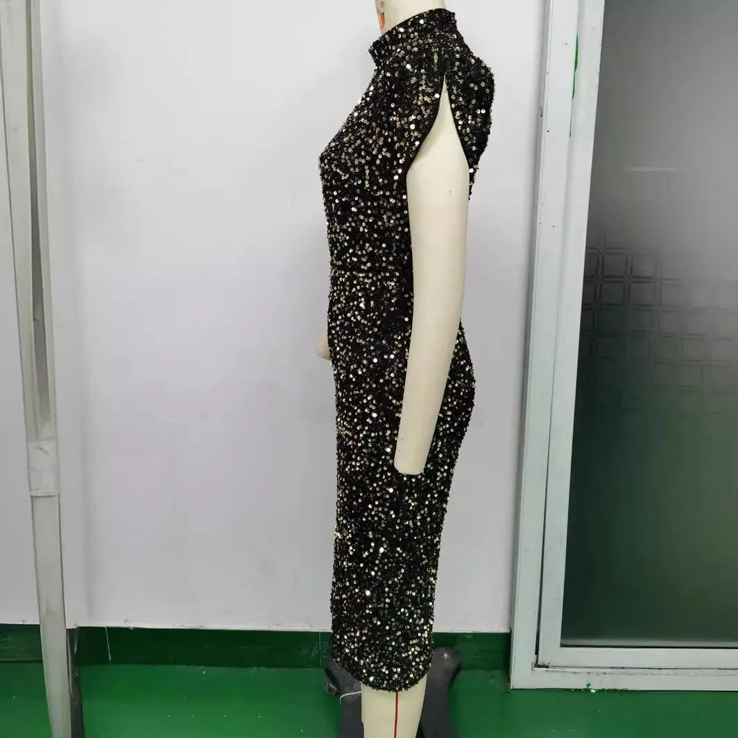 Sleeveless Shiny Sequins Luxury Evening Dress