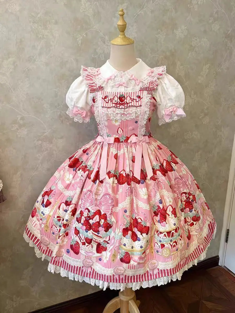 Strawberry Cake Print Suspenders Dress