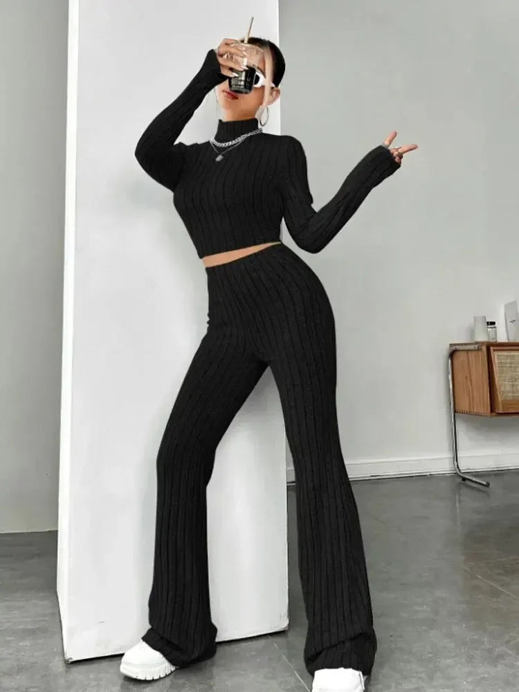 Solid ColorElegant Round Neck Tops Loose Pants Set