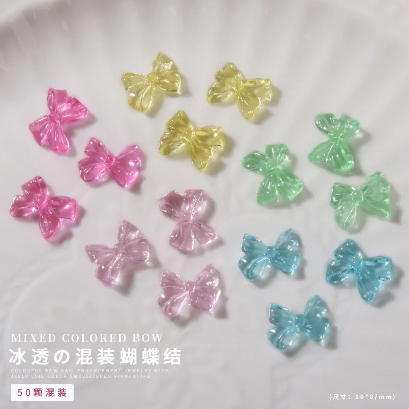 50PCS Aurora Acrylic 3D Nail Art Bow Charm For Nails Decoration Design Kawaii Manicure Accessories Bow-knot DIY Craft Supplies
