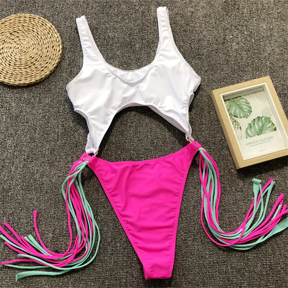 Patchwork Fringe Cut Out Rings Monokini
