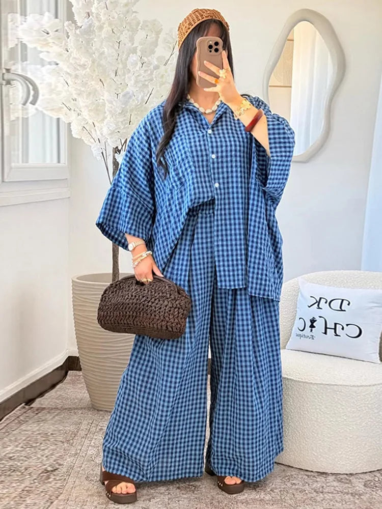 Turn-down Collar Full Sleeve Shirt Loose Bottom Plaid Set