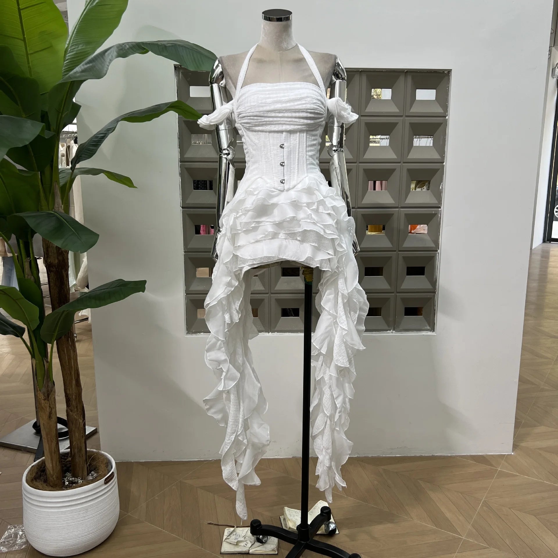 Solid Spliced Tassel Irregular Mini Dress