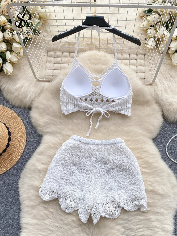 SINGREINY Knitted Suit Backless Sexy Cami + Hooked Hollow Wide Legs Shorts Set