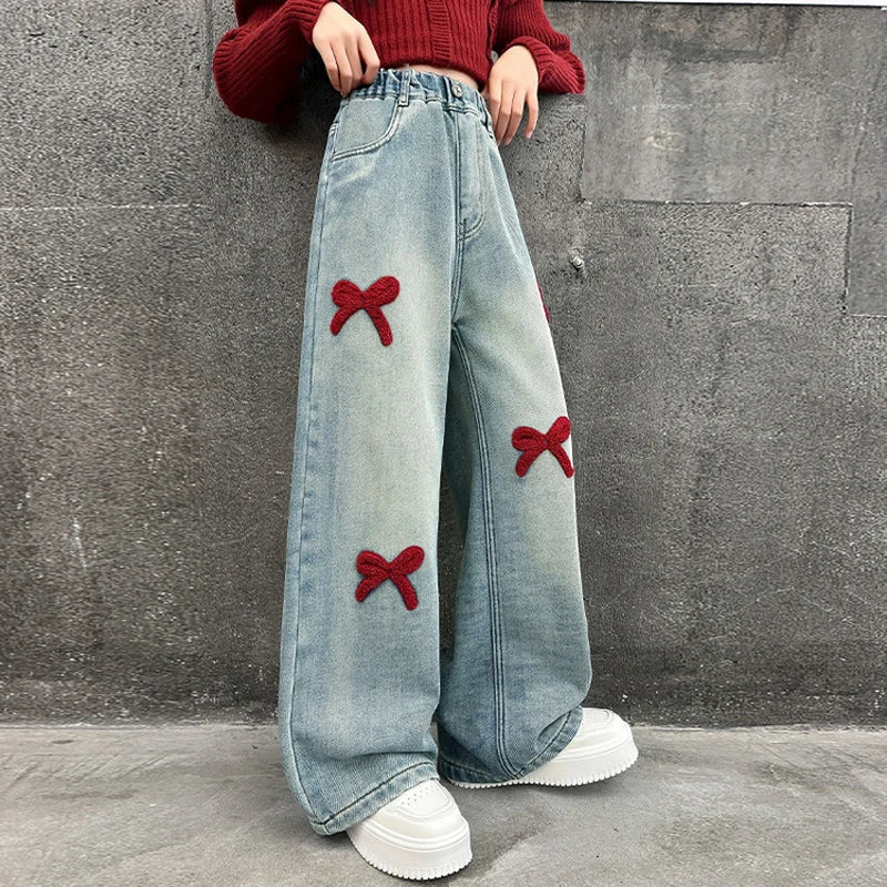 Bow Print Lining Plush Wide-Leg Denim Pants