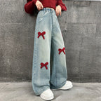 Bow Print Lining Plush Wide-Leg Denim Pants