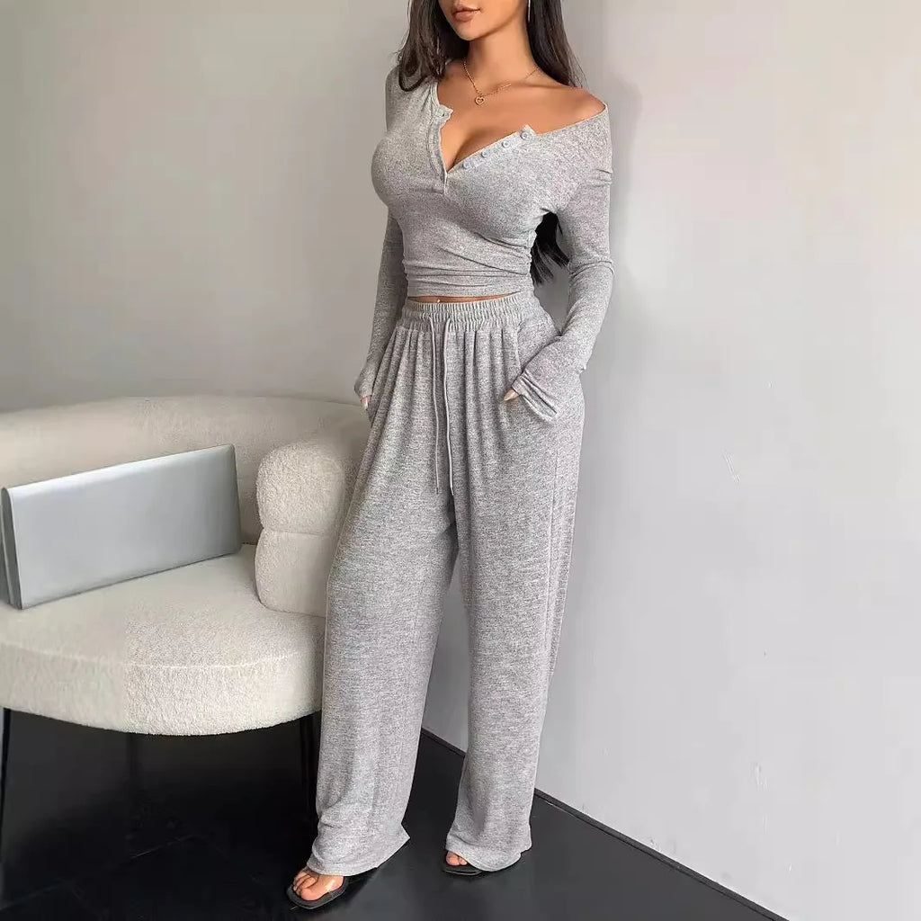 Button Solid Color Long-sleeved Top Drawstring Pocket Wide-leg Pants Women Casual Set