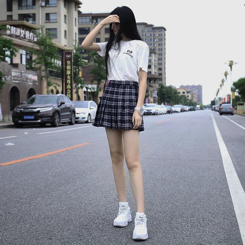 High-Waisted Pleated Plaid Mini Skirt