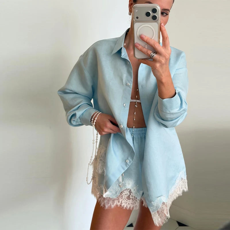 Casual Lace Patchwork Shirt Shorts Set