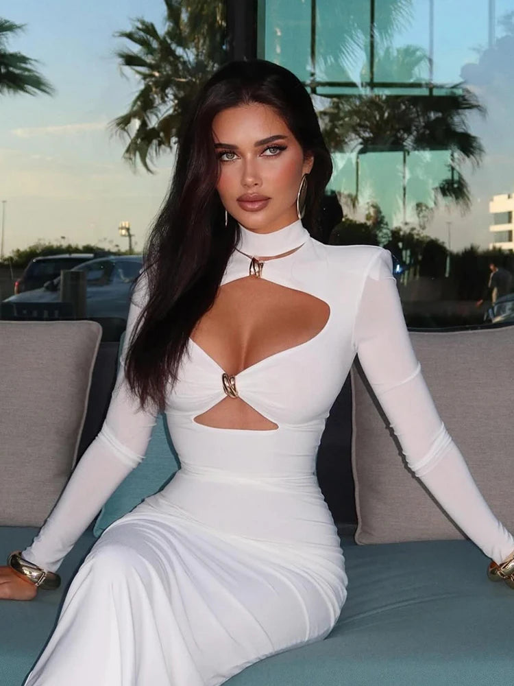 Solid Full Sleeve Hollow Out Turtleneck Sheath Hip Wrap Long Dress