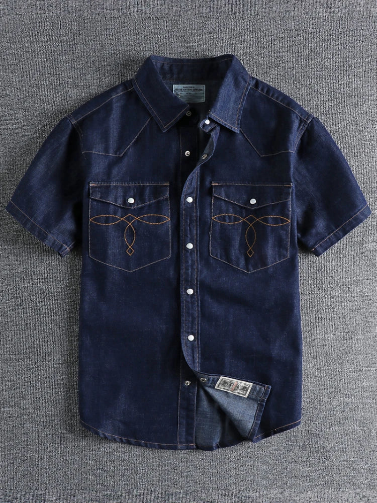 Short Sleeve Lapel Denim Cargo Shirt