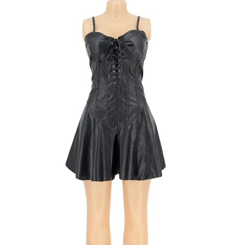 Spaghetti Strap Corset Lace Up PU Leather Dress