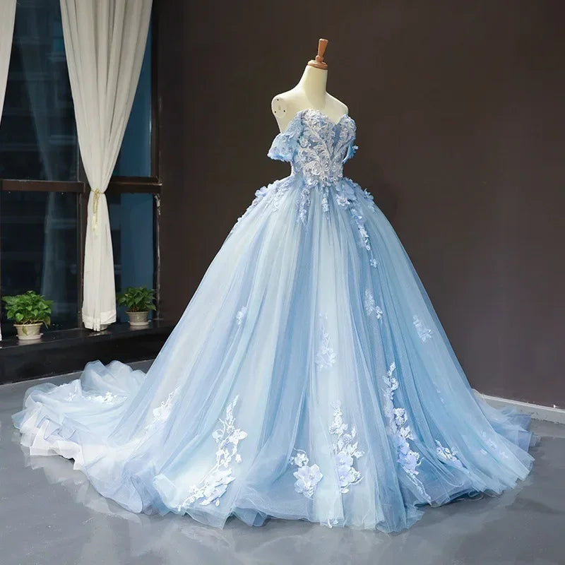 Blue Floral Applique Ball Gown