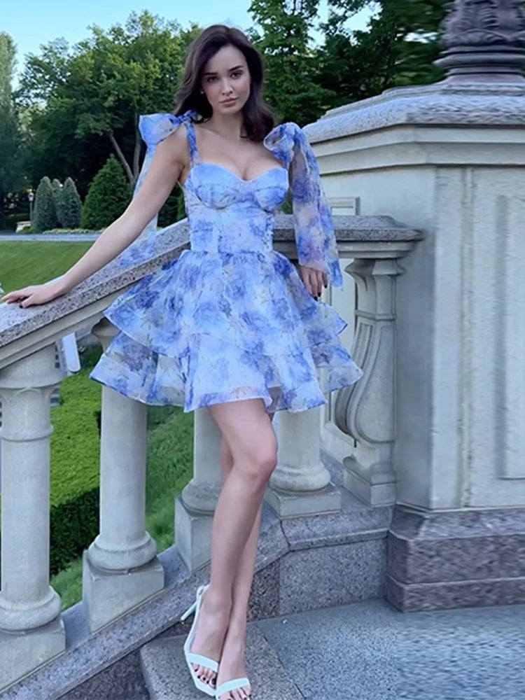 Print Flower Lace Up Ball Gown Mini Dress