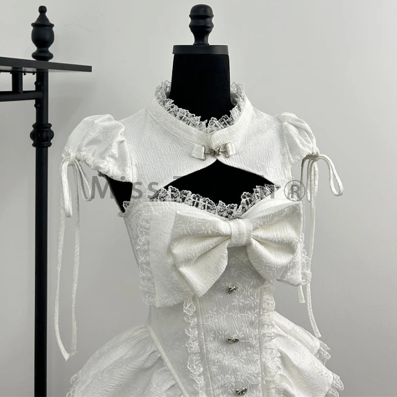 High-Neck Keyhole Cutout Corset Top and Tiered Ruffle Mini Skirt with Oversized Bow