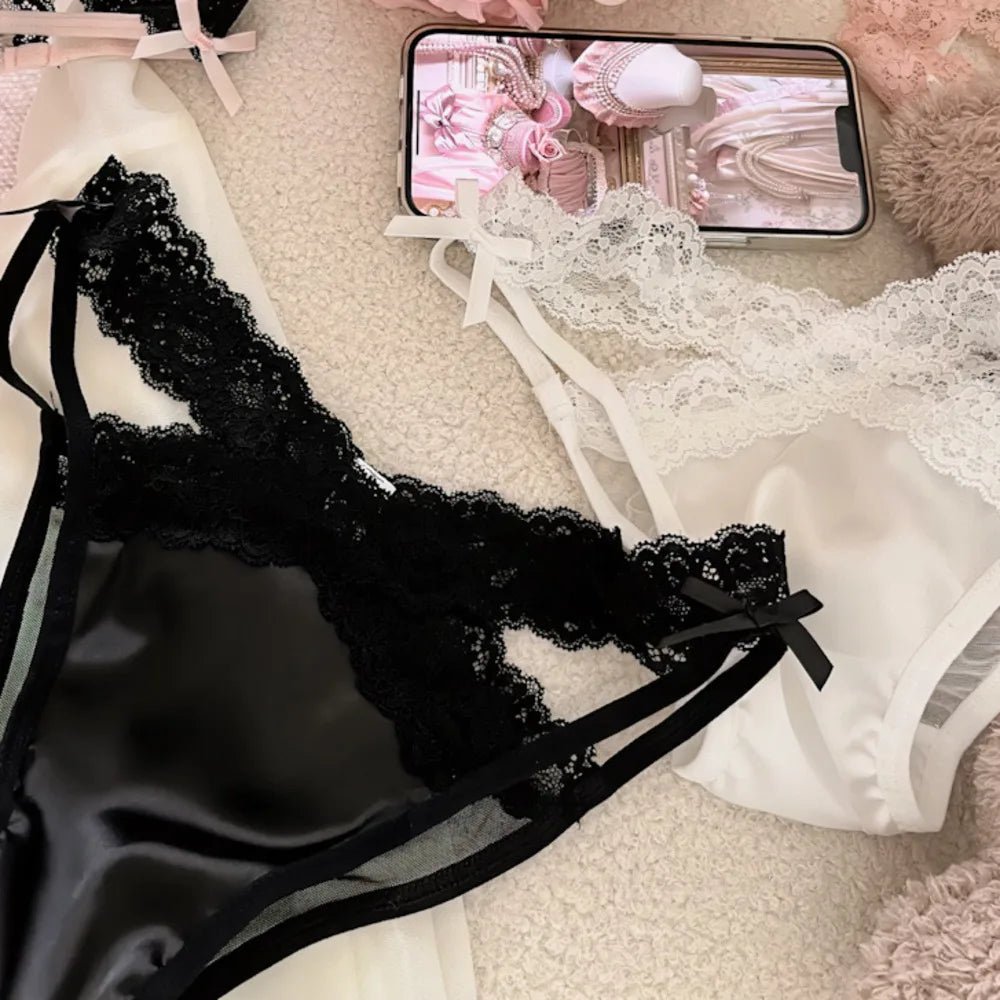 SP&CITY Cross Belt Lace Transparent Sexy Women's Underpants Low Waist Mesh Hollowed Bow Panties Cotton Crotch Breathable Briefs