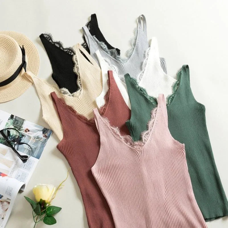 Lace Top V-neck Solid Knit Tank