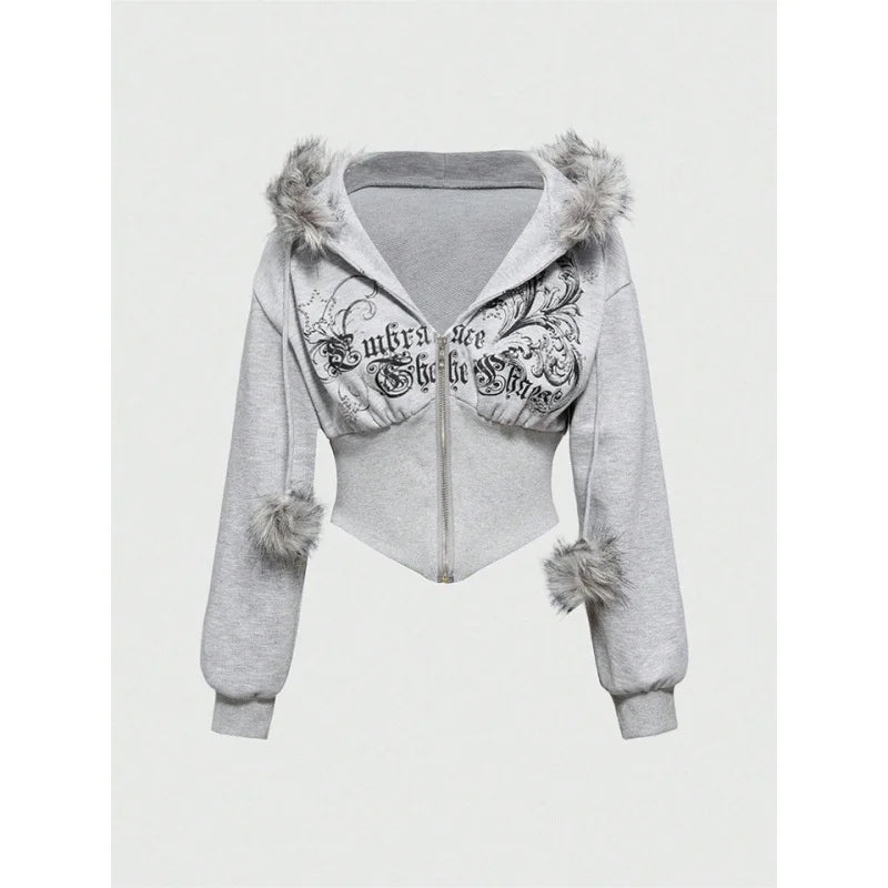Faux Fur Trim Corset Zip-Up Hoodie