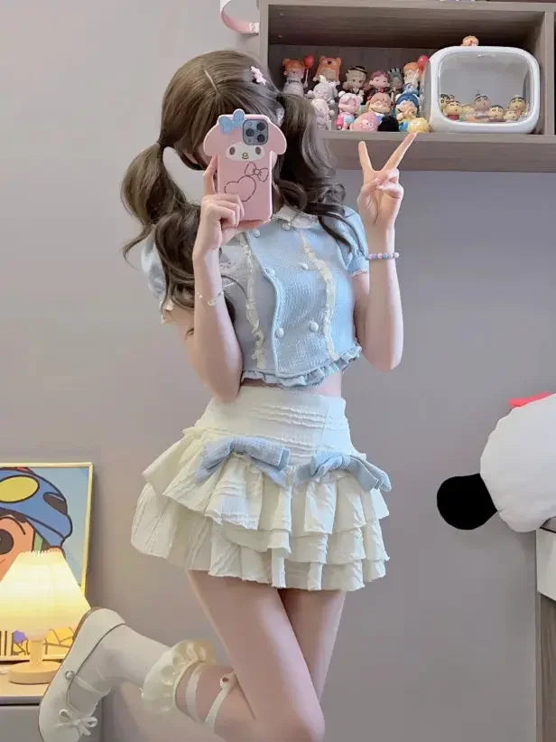 Short-Sleeve Blue Tweed Crop Top and Cream Tiered Ruffle Mini Skirt with Twin Bows