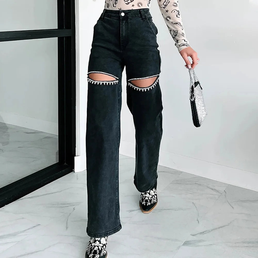 High-Waisted Wide-Leg Jeans with Rhinestone Fringe Thigh Cutouts