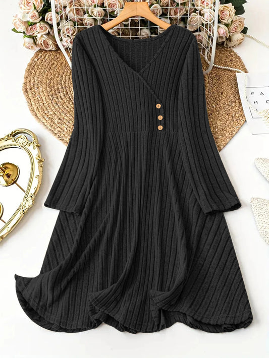 Solid Color V-Neck Long Sleeve Stripe Dress