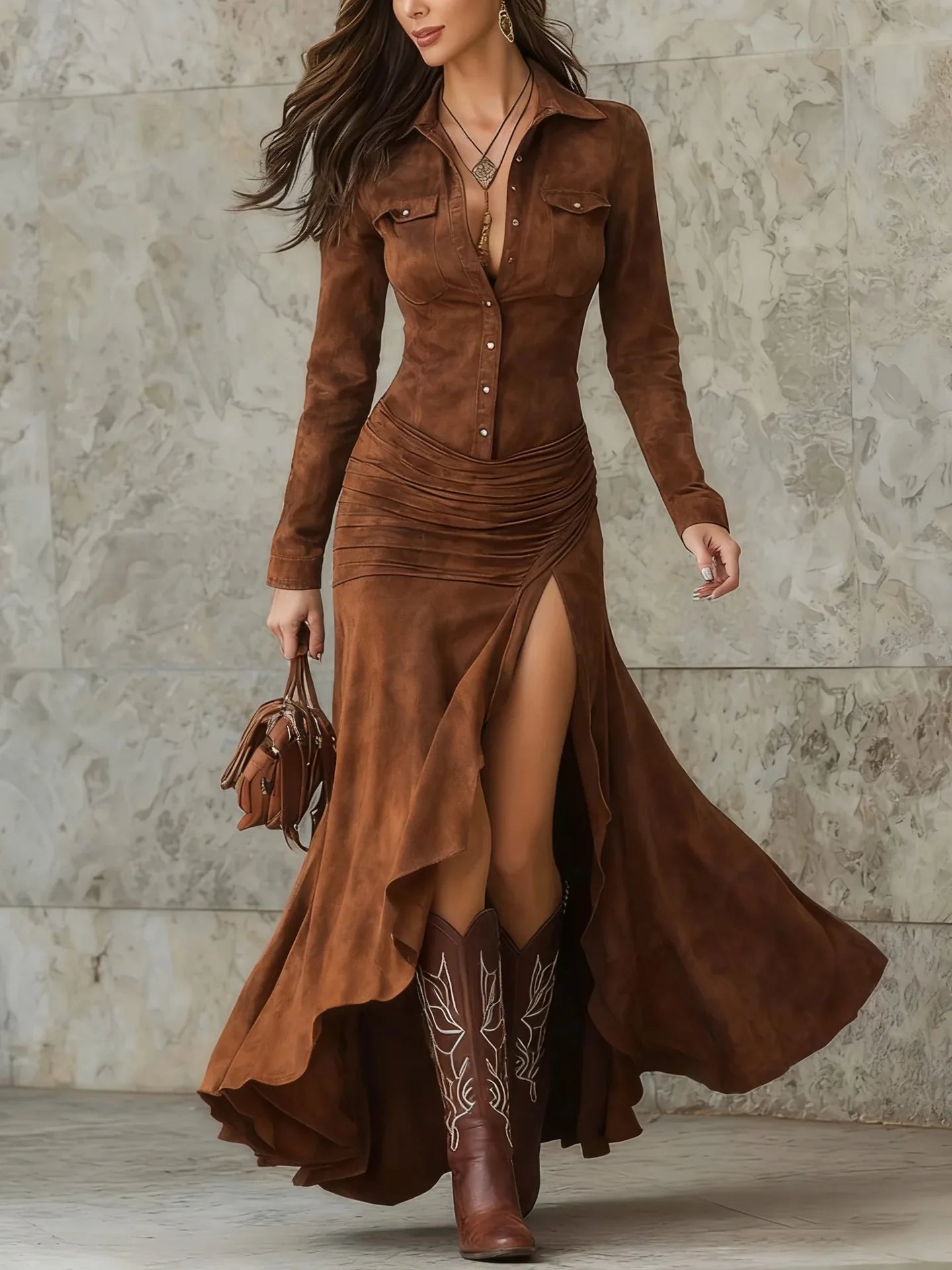 Long Sleeve Suede Dress